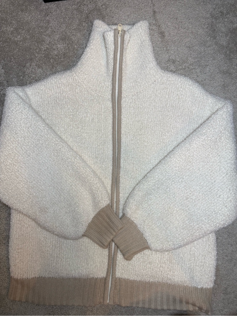 aerie Cream Bouclé Half-Zip Cardigan with Tan Trim